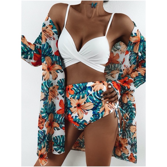 Other - 3 piece floral print leaves bikini kimono set